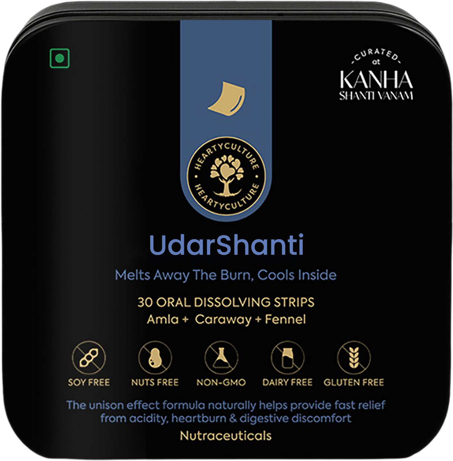 Black packaging of UdarShanti oral dissolving strips with branding and product details.
